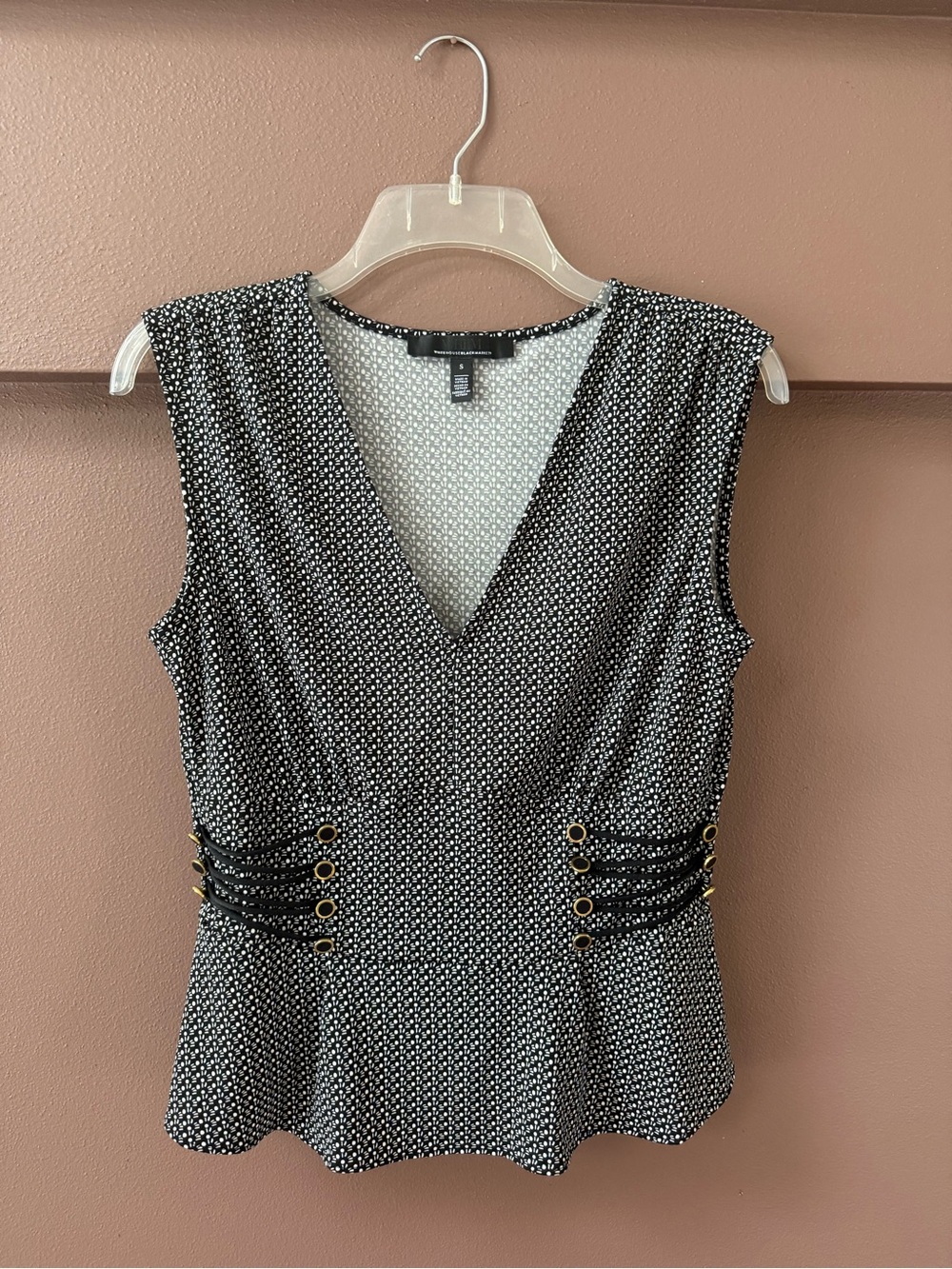 White House Black Market Black & White V-Neck Peplum Top with Eyelet Detail